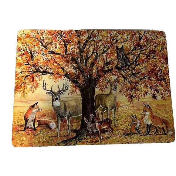 4 Hardboard Cork Placemats Wilderness Animals by Tree Cabincore Autumn Rustic - Picture 1 of 4